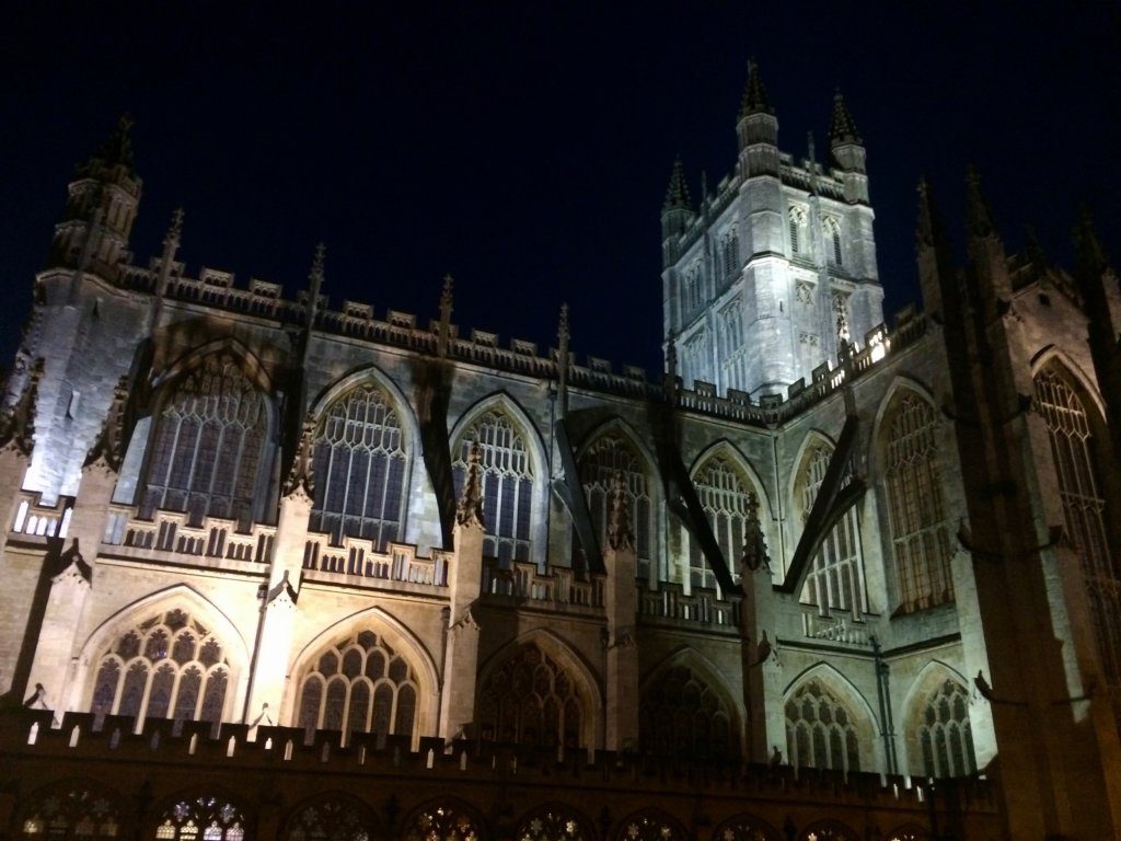 The Bath Abbey at night.