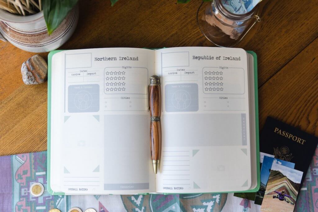 The Traveler's Playbook Travel journal laid open on a desk. You can see two countries inside with space for notes, images, and memories