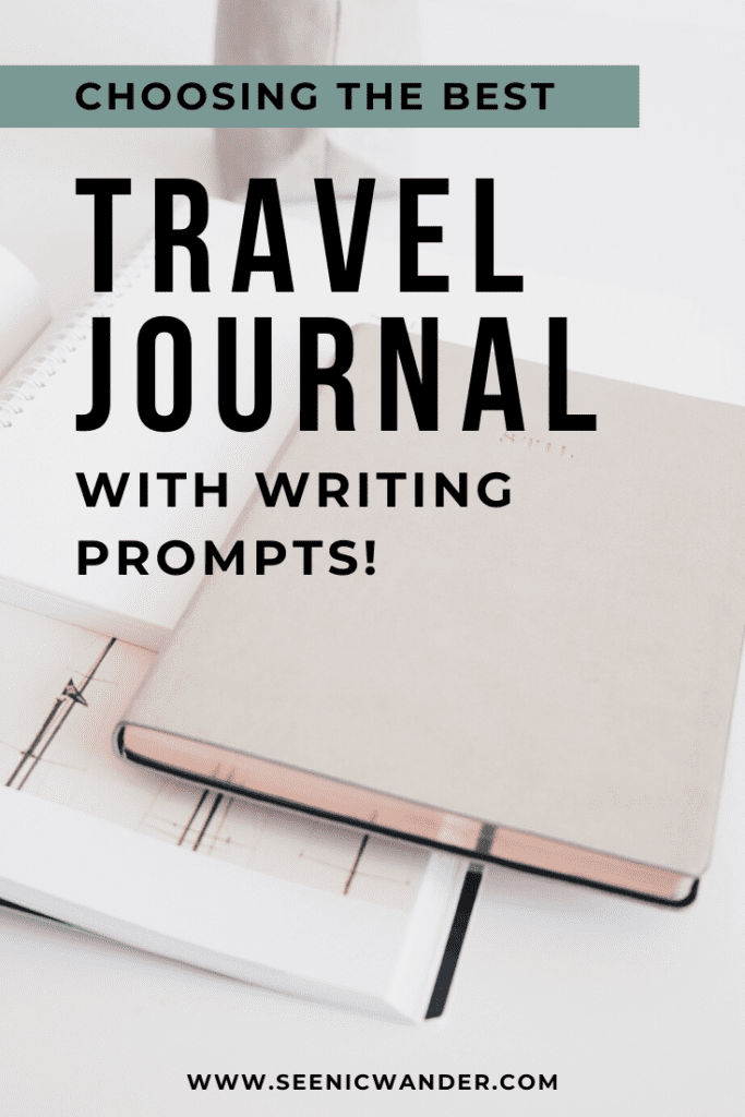 A Pinterest image of a white desk with three journals on it. The text overlay reads "choosing the best travel journal with prompts" 
