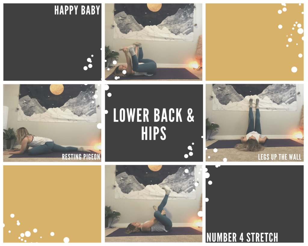 Four yoga poses that target the lower back and hips: legs up the wall, resting pigeon, number 4 stretch, and happy baby