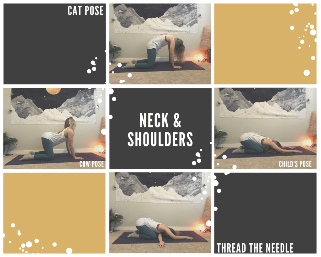 Four yoga posts for online teachers that target the neck and shoulders: child's pose, cow pose, cat pose, thread the needle 