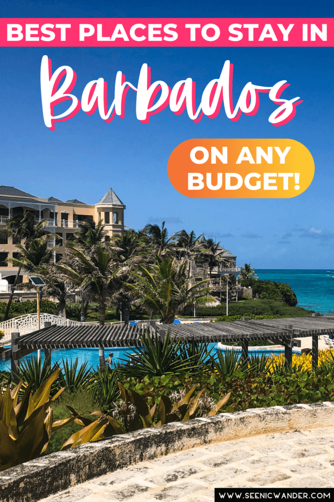 Pinterest image with overhead view of the crane resort and pink and white text that reads Best places to stay in Barbados on any budget