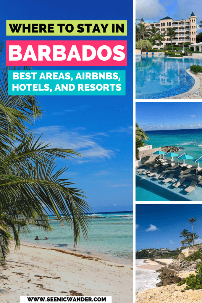 Collage of places to stay in Barbados with colorful text overlay. Text reads where to stay in Barbados, best areas airbnbs, hotels, and resorts