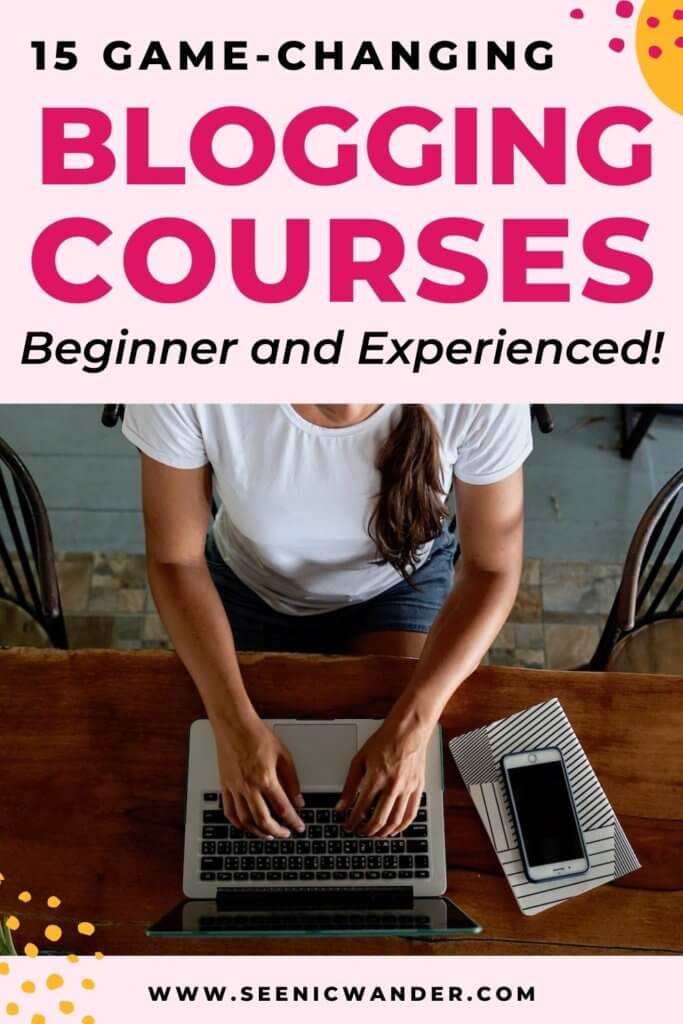 A woman typing on a keyboard with a text overlay that reads, 15 game-changing blogging courses for beginners and experienced bloggers
