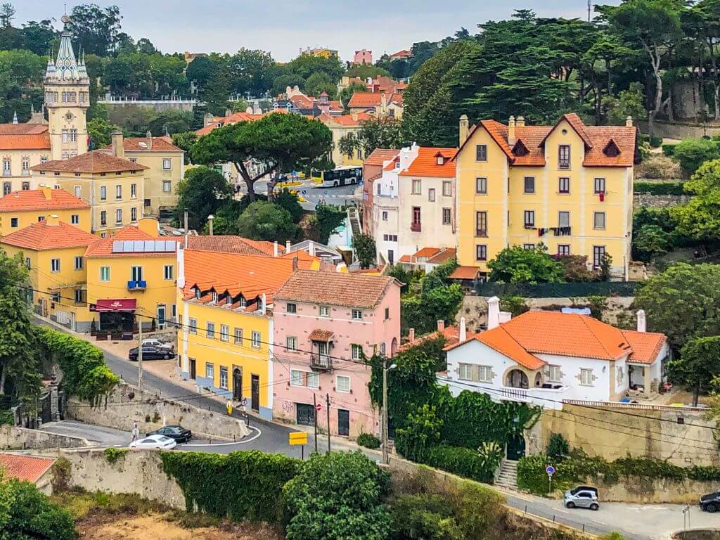 Pink and yellow buildings make up the historic town of Sintra