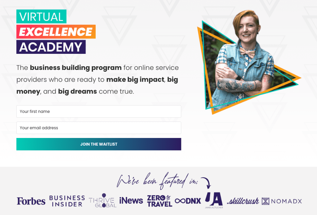 A photo of Hannah next to text that reads: Virtual Excellence Academy, the business building program for online service providers who are ready to make big impact, big money, and big dreams come true. 